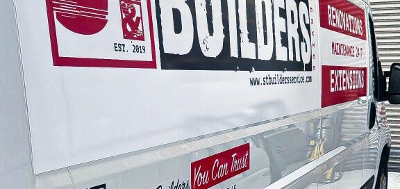 Professional van branding for ST Builders Service construction company in London with custom vehicle graphics and premium vinyl design.